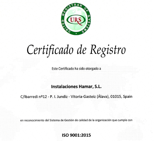 Certificado ISO 9001:2015 Instalaciones Hamar